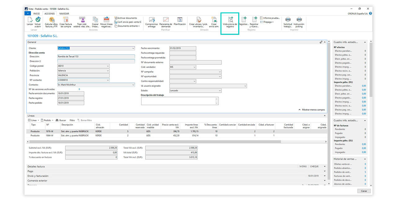 Pedido de venta y vista previa de registro.